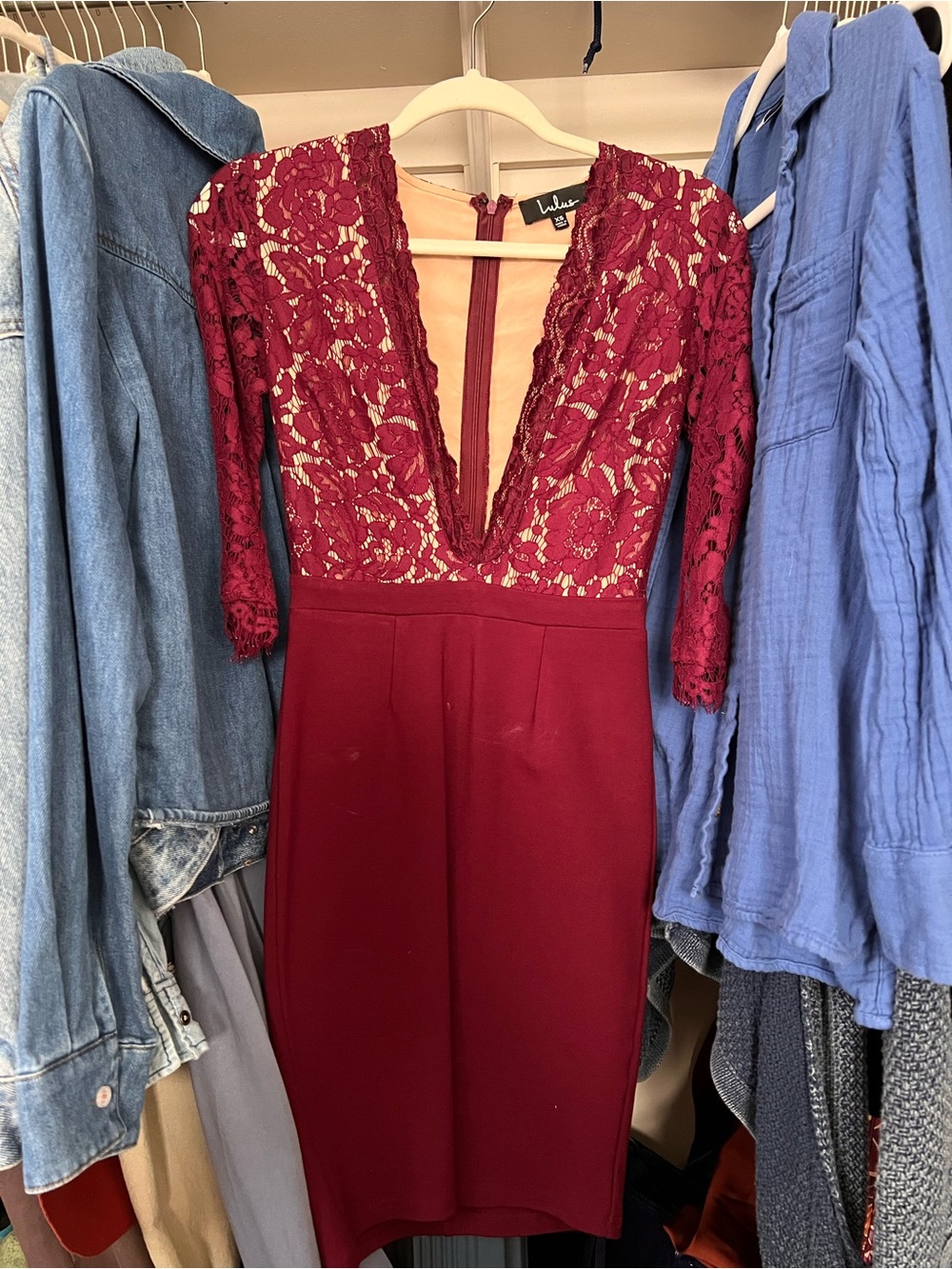 Lulu's Wine Red Lace Midi Dress with Deep V-Neck